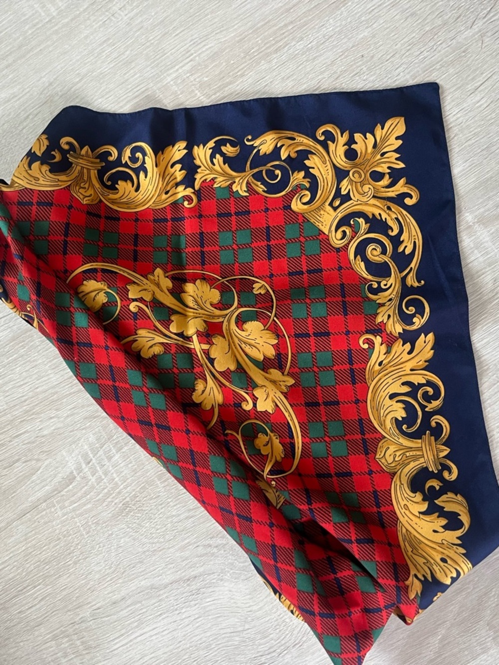 Silk-Feel Baroque Print Square Scarf in Navy, Red & Gold - Picture 3 of 3